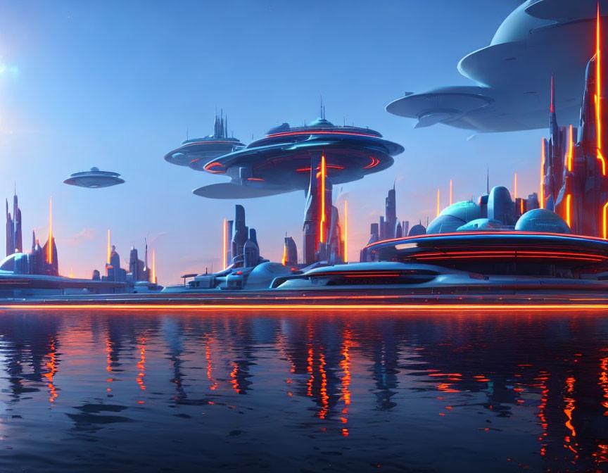 Futuristic cityscape with skyscrapers and flying vehicles at dusk