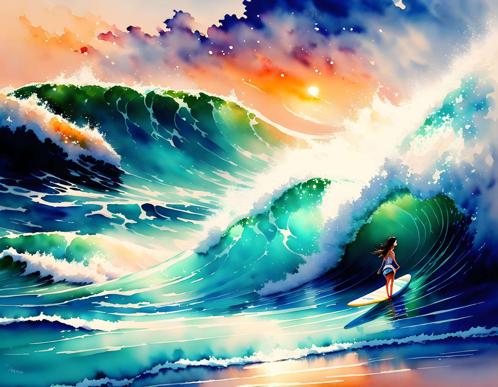 Colorful Surfer Riding Wave at Sunset