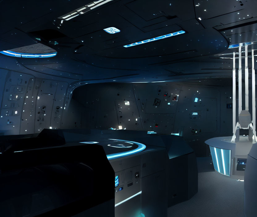 Sleek spaceship interior with blue lighting and advanced control panels