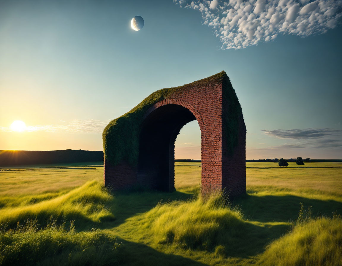 Overgrown brick archway in lush field under sunset sky