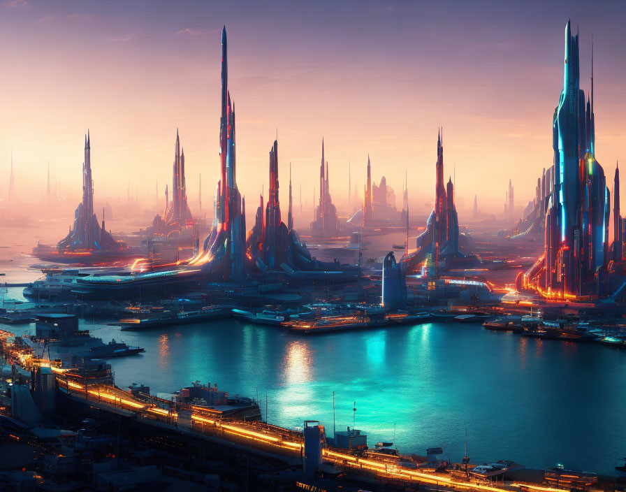 Futuristic cityscape at dusk: Glowing skyscrapers and waterways