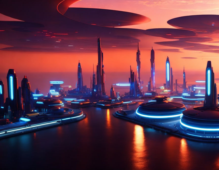 Futuristic twilight cityscape with glowing skyscrapers