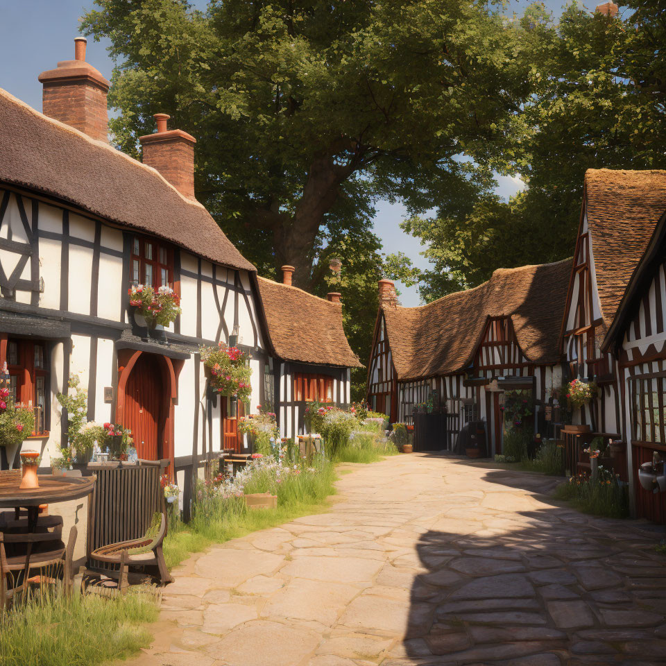 Traditional Thatched-Roof Cottages on Cobblestone Street