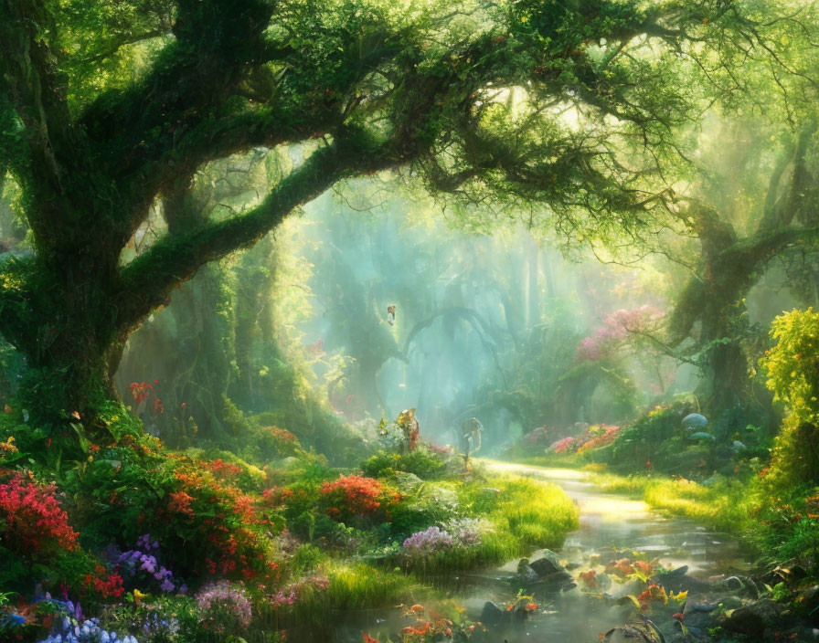 Mystical Forest with Greenery, Flowers, Stream & Light