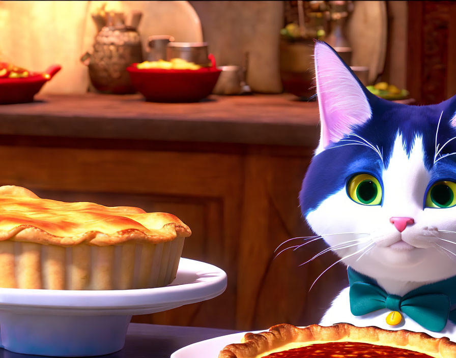 Animated cat with bow tie admires golden pie in rustic kitchen setting