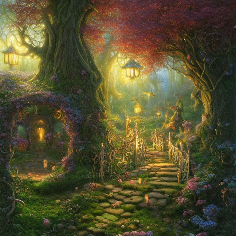 Vibrant Fantasy Forest with Glowing Lanterns and Enchanting Doorways