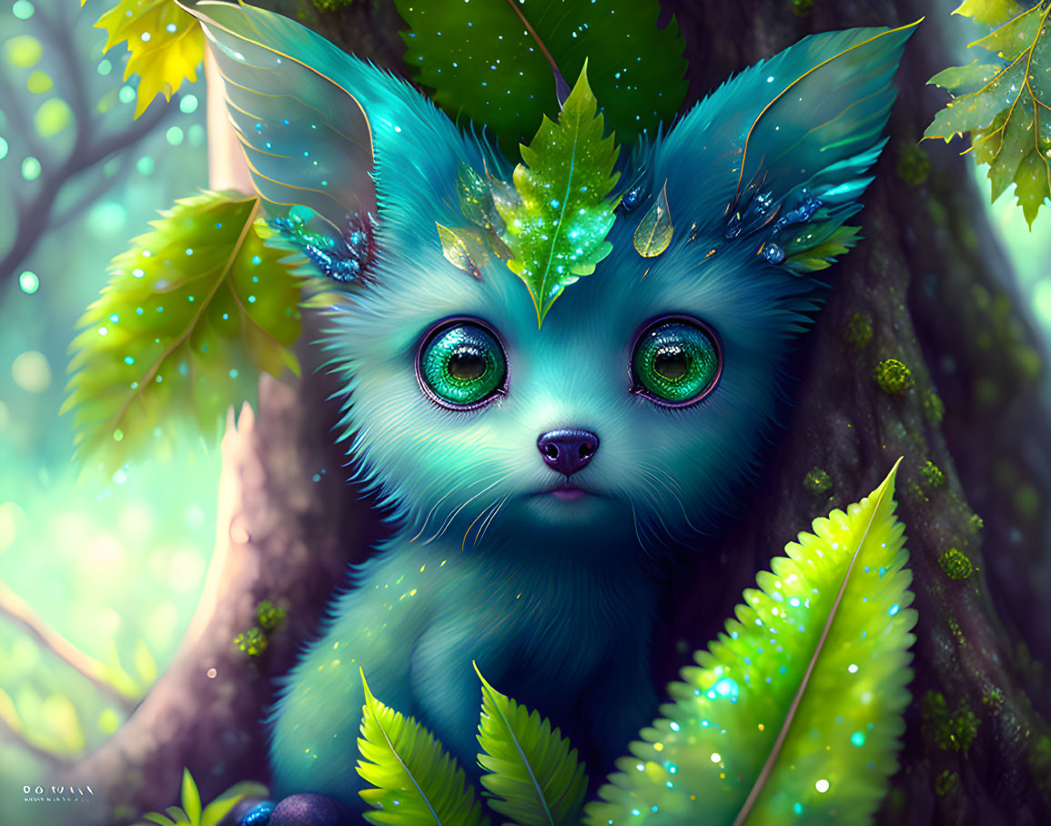 Whimsical creature with green eyes in lush digital art