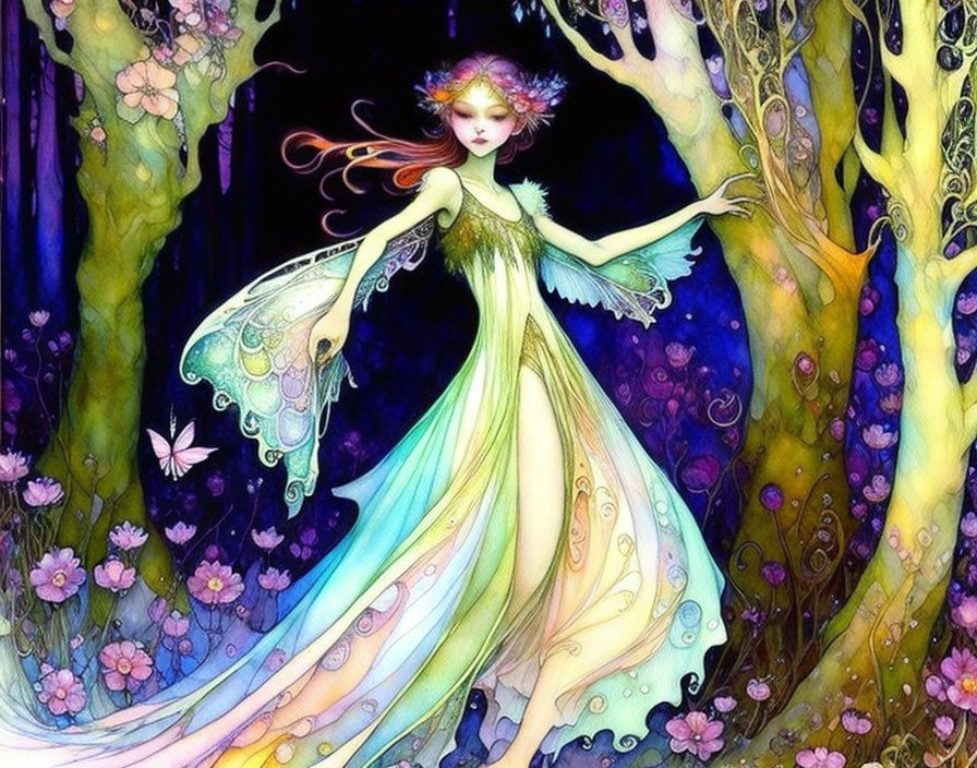 Ethereal fairy with iridescent wings in enchanted forest wearing pastel gown