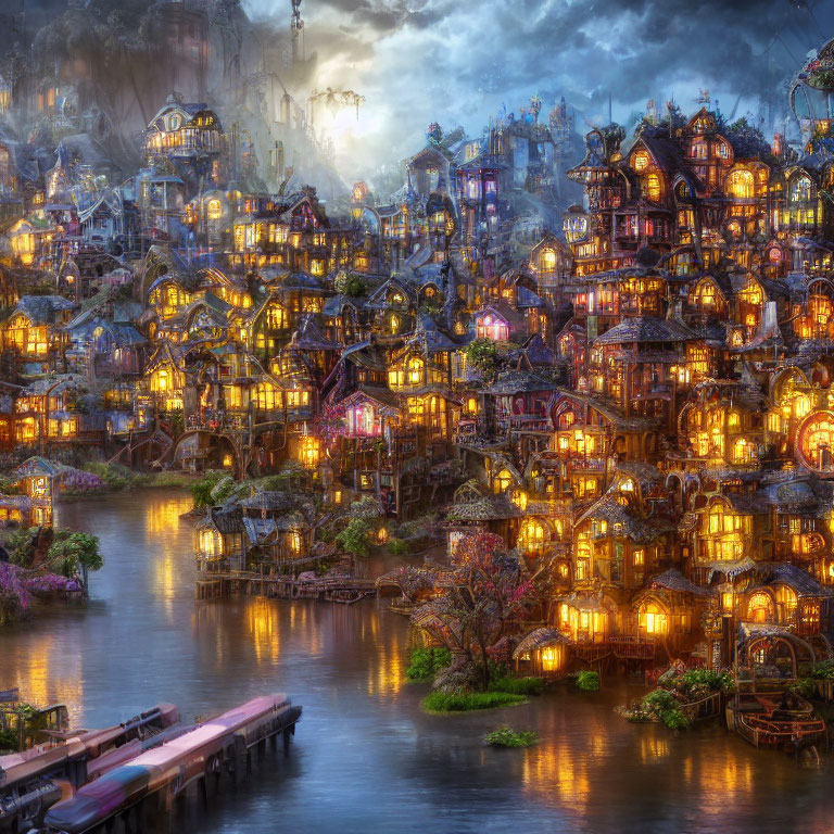 Enchanting illuminated village by serene river at dusk