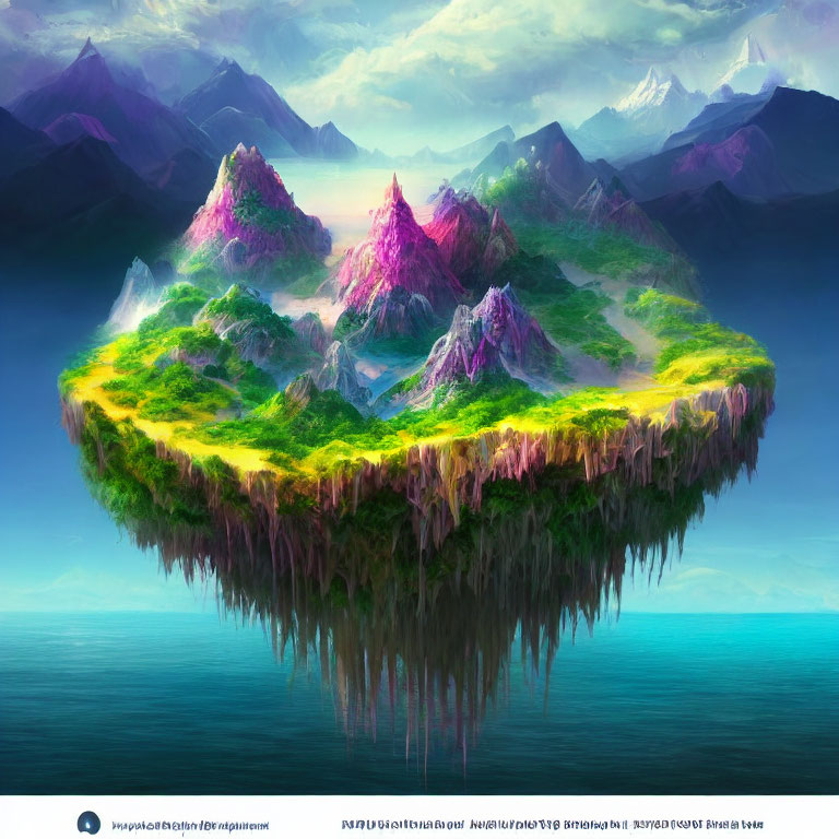 Majestic floating island with lush greenery, waterfalls, and purple mountains.