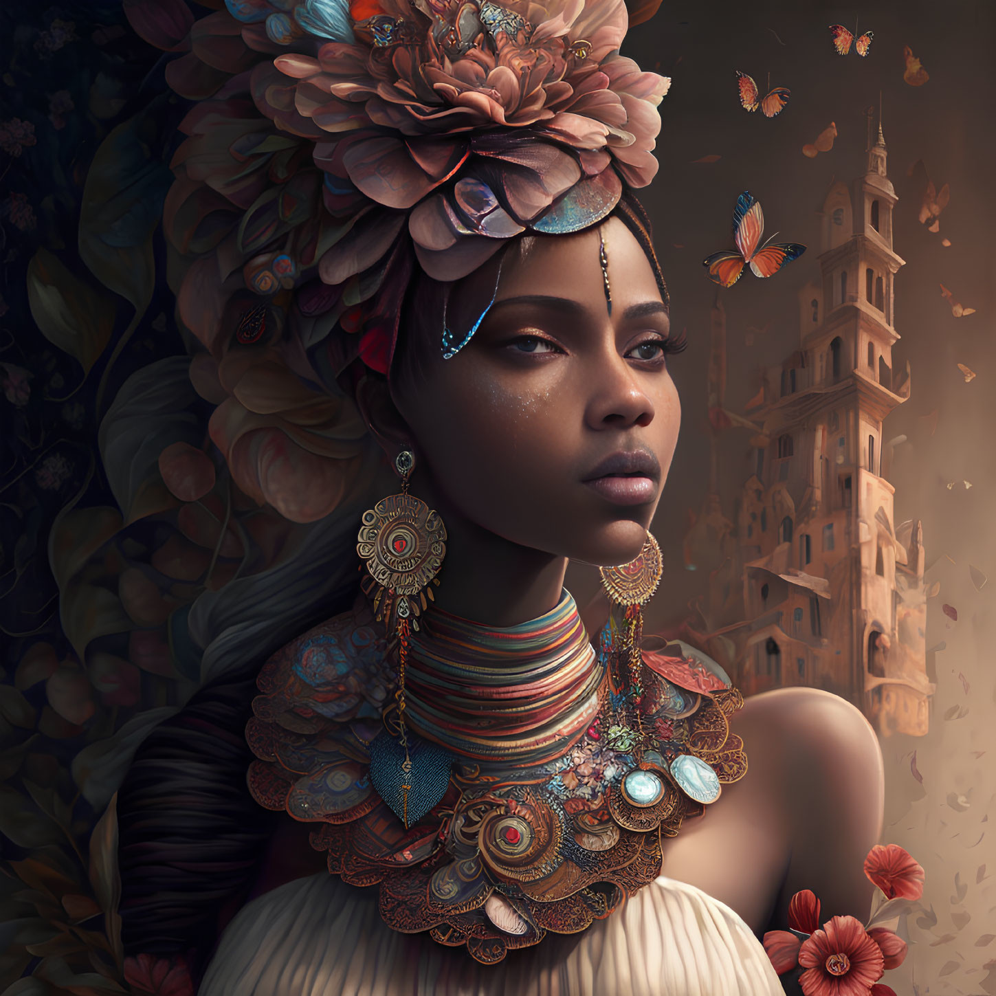 Woman with floral headpiece and jewelry posing with tower and butterflies.