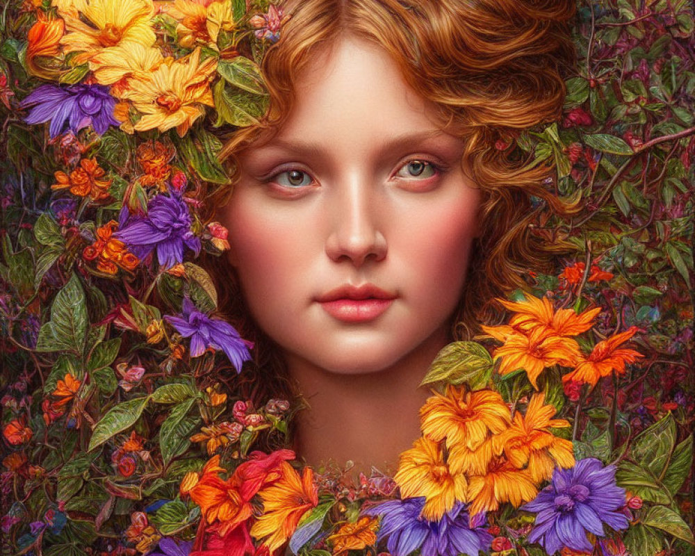 Vibrant flowers adorn woman's curly hair in lush foliage portrait