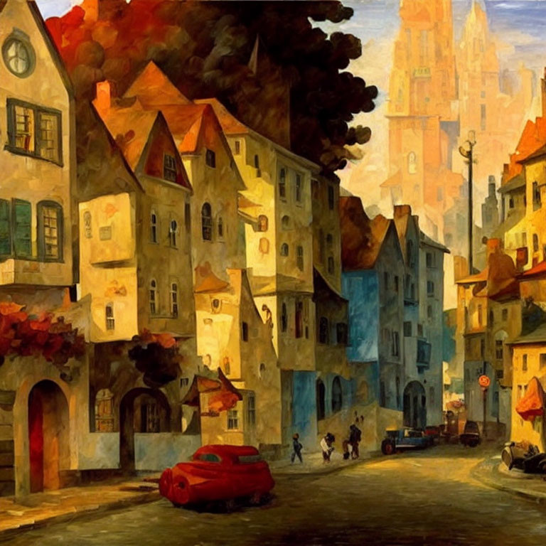 Historic European street with golden sunlight, strolling people, and vintage car.