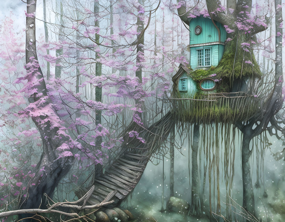 Whimsical teal treehouse in pink-flowered forest