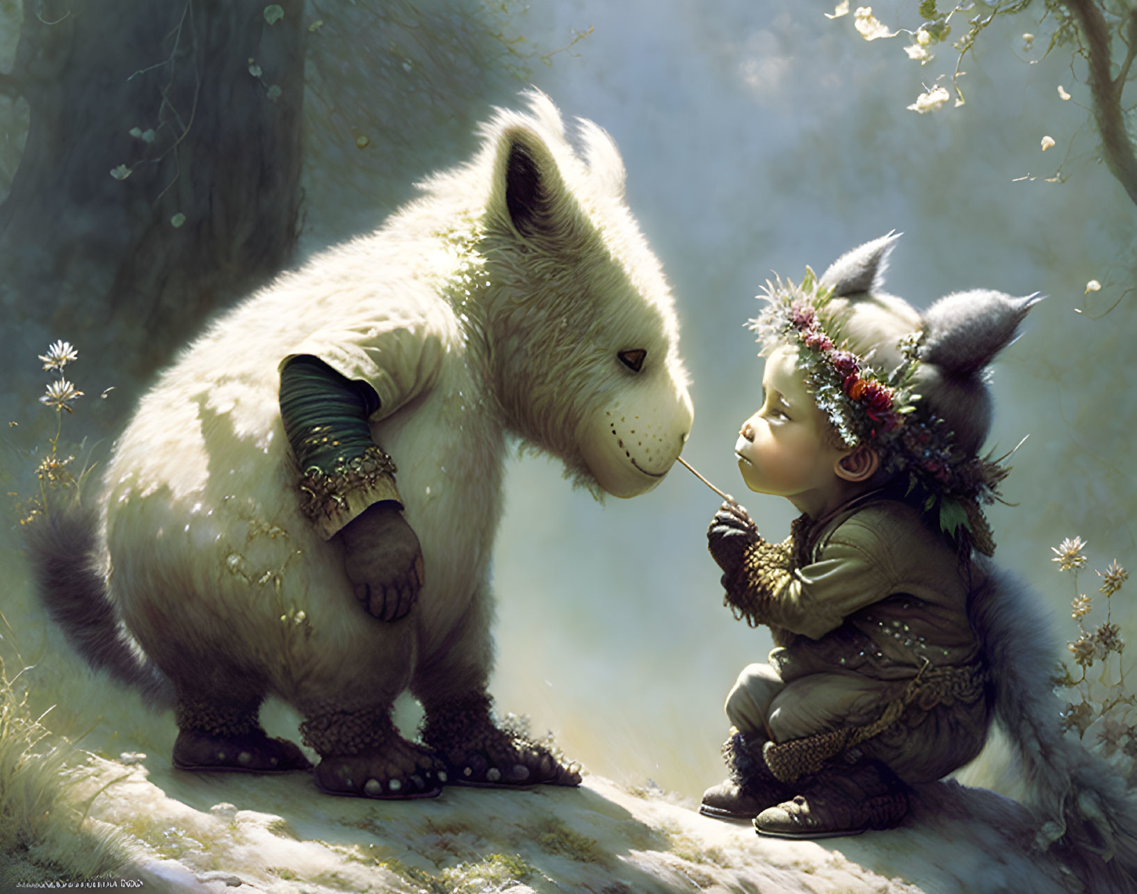 Child in fantasy attire admires gentle bear in mystical forest