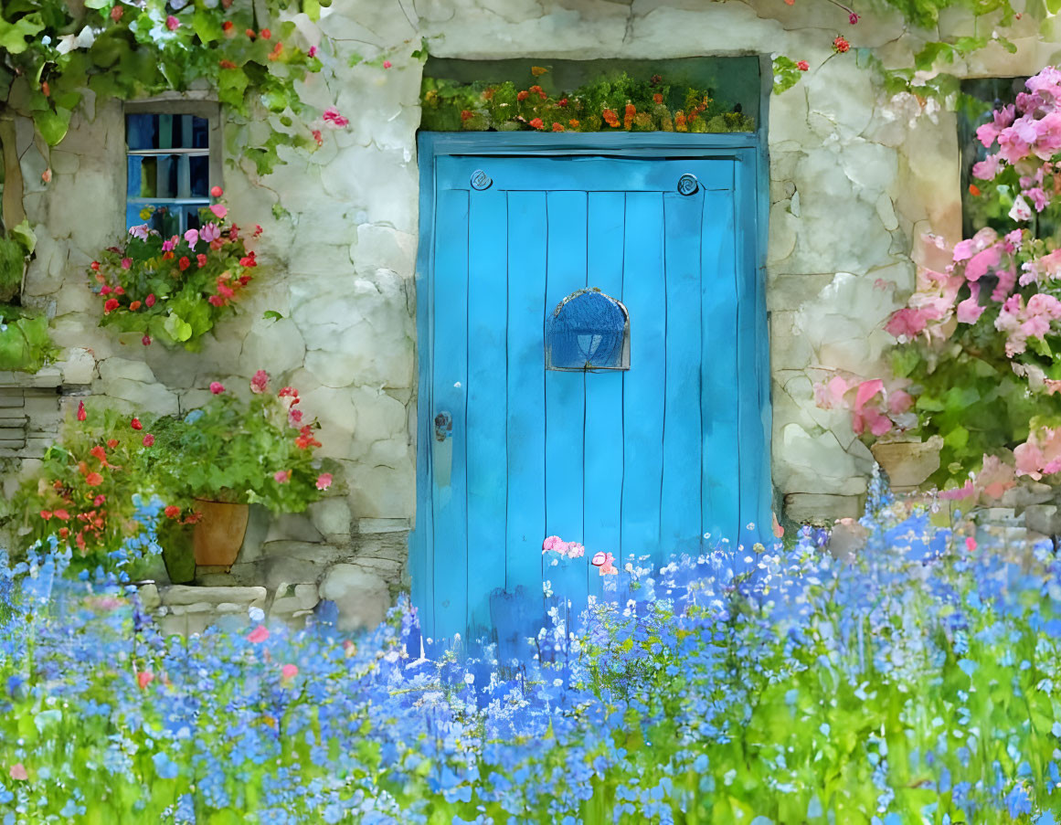 Colorful flowers and greenery enhance vibrant blue door in stone wall