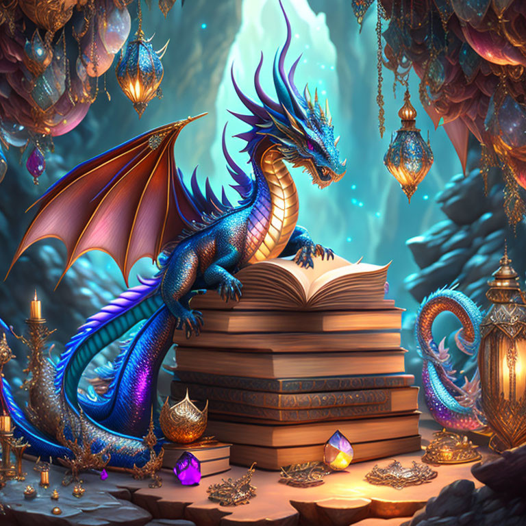 Blue dragon perched on books with gems and lanterns by mystical waterfall