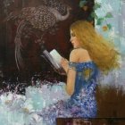 Woman in elegant blue gown reading book in vintage setting