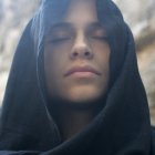 Celestial-themed woman in starry night cloak blending with cosmos