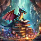 Blue dragon perched on books with gems and lanterns by mystical waterfall