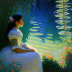 Serene figure in white dress by glowing lamp and moon