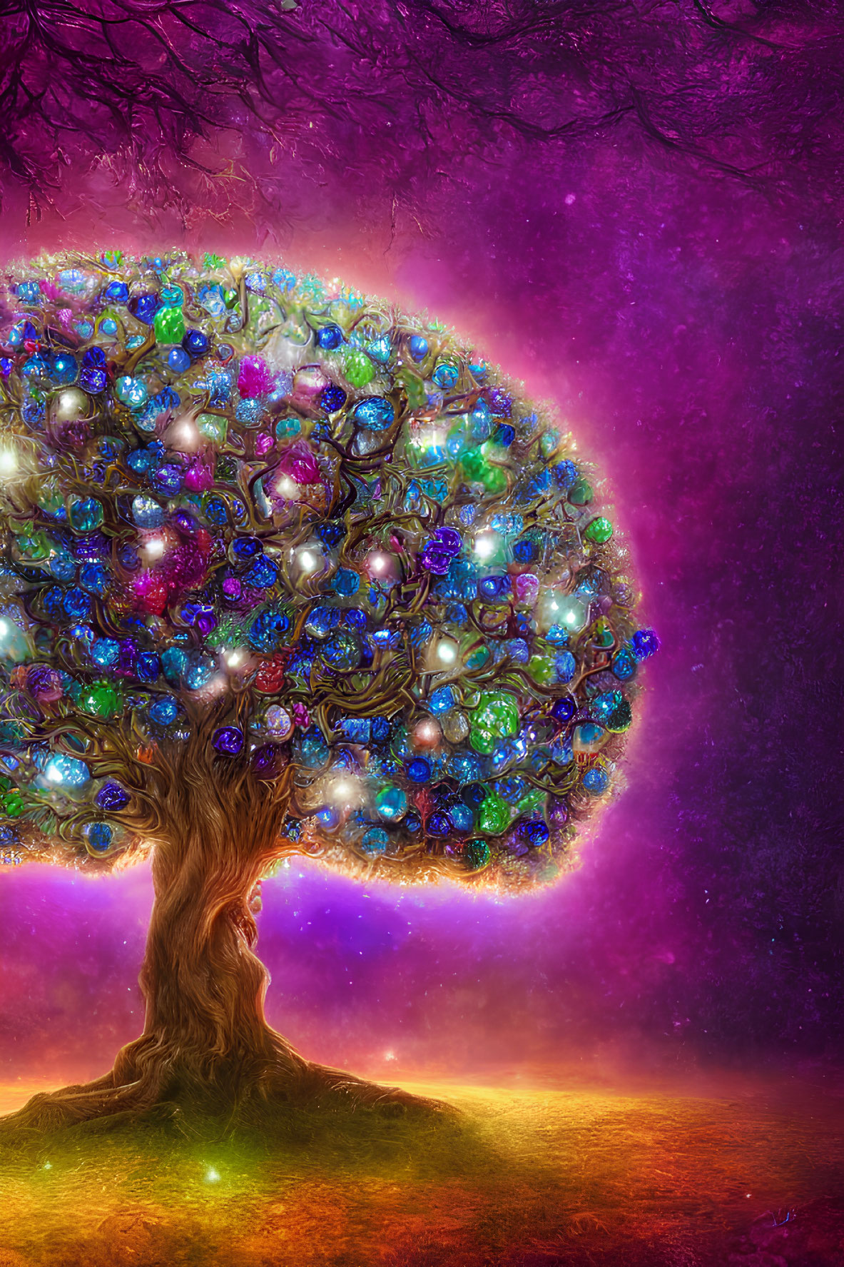 Colorful Tree Artwork with Glowing Orbs on Purple and Orange Background