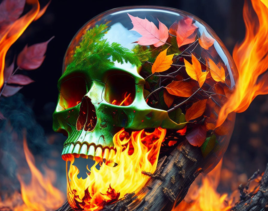 Translucent Green Skull with Autumn Leaves on Flaming Logs