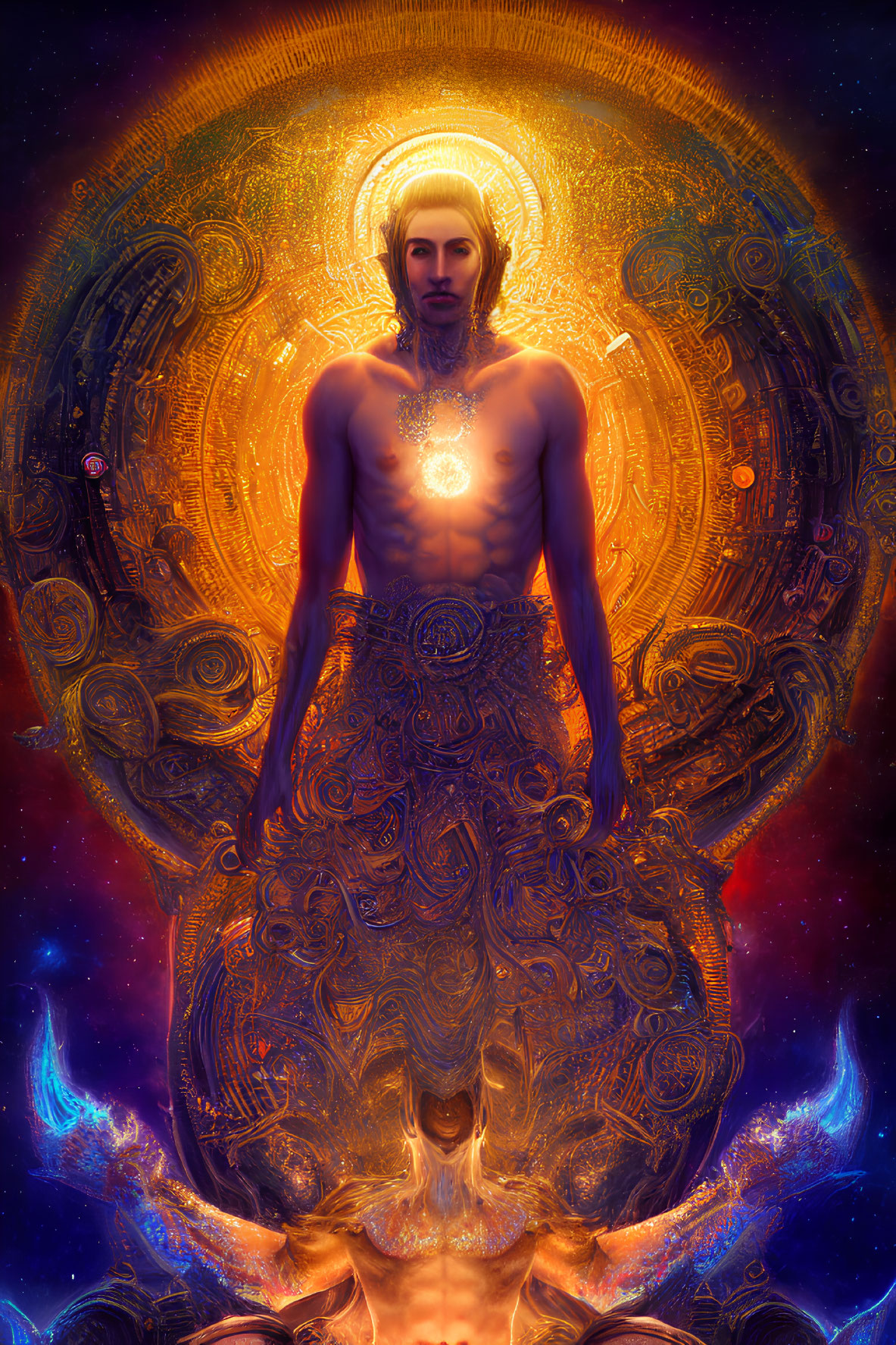 Golden detailed mystical figure against cosmic backdrop exudes otherworldly power