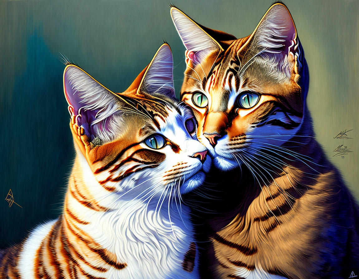 Stylized cats with striped markings and piercing eyes in colorful digital art