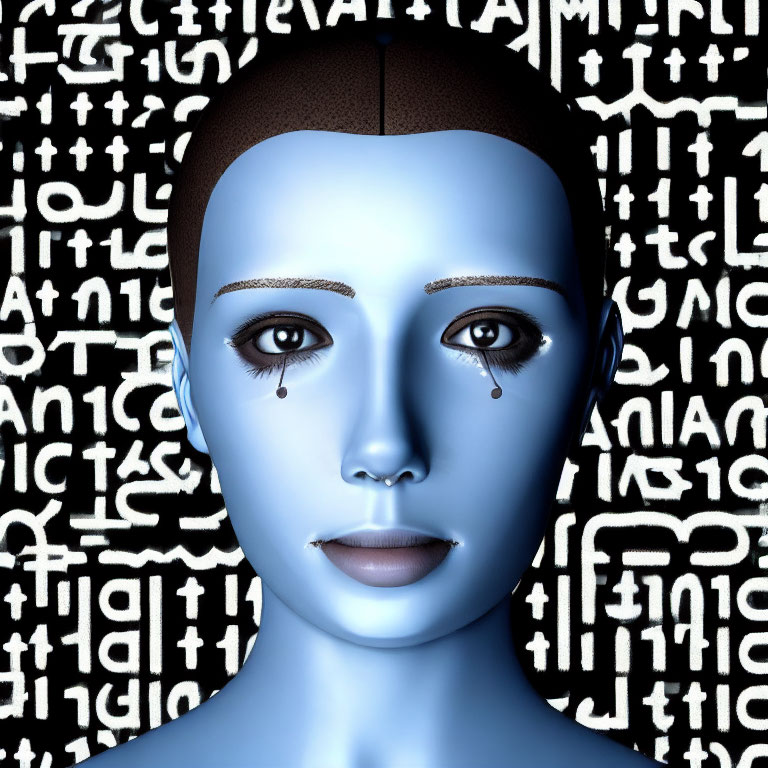 Blue-skinned humanoid robot with teardrops in 3D against binary code on black.