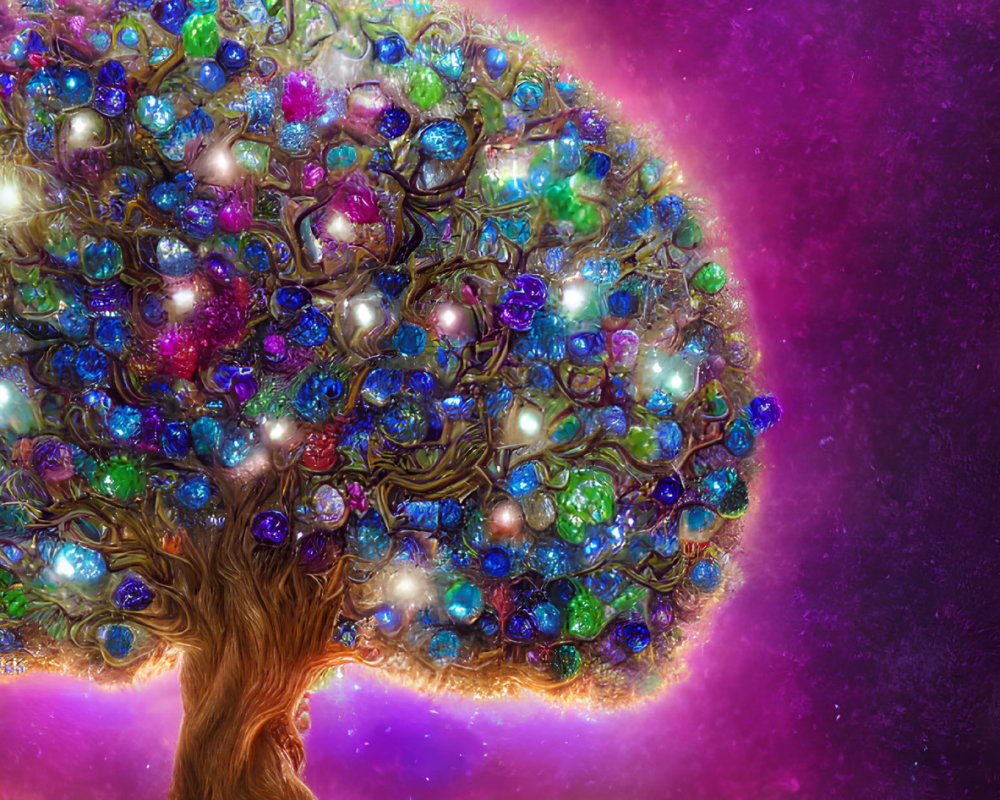 Colorful Tree Artwork with Glowing Orbs on Purple and Orange Background