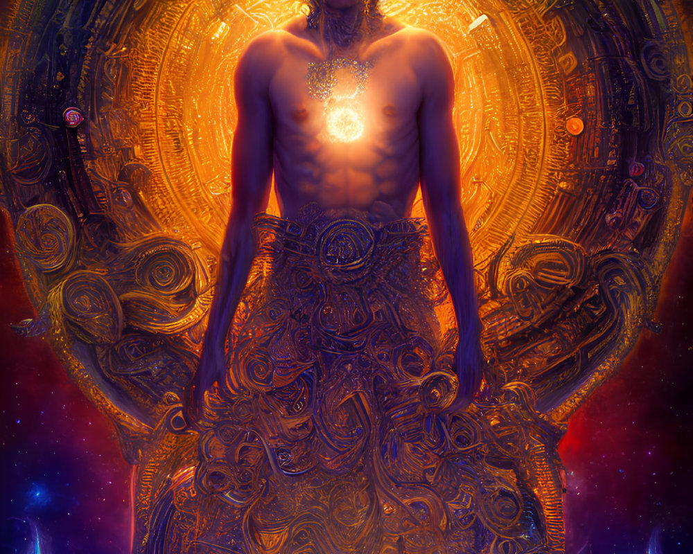 Golden detailed mystical figure against cosmic backdrop exudes otherworldly power