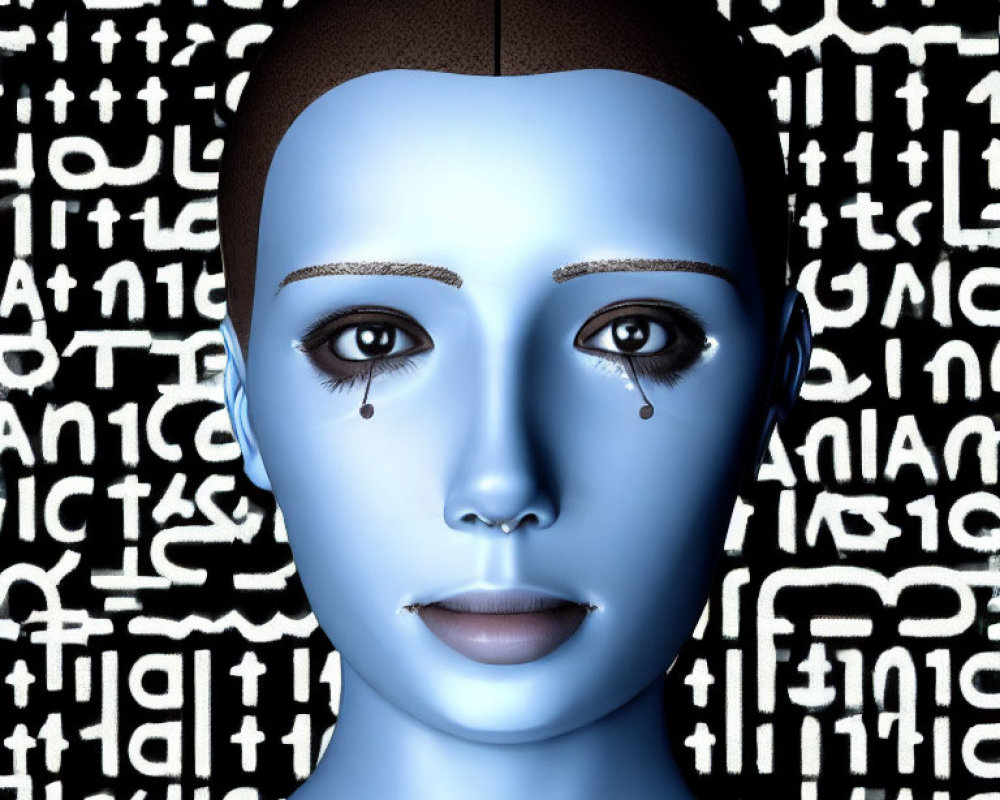 Blue-skinned humanoid robot with teardrops in 3D against binary code on black.