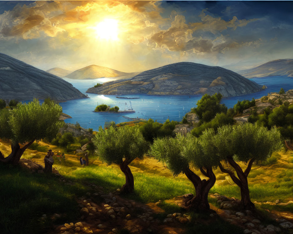 Tranquil bay with olive trees, hills, and boats