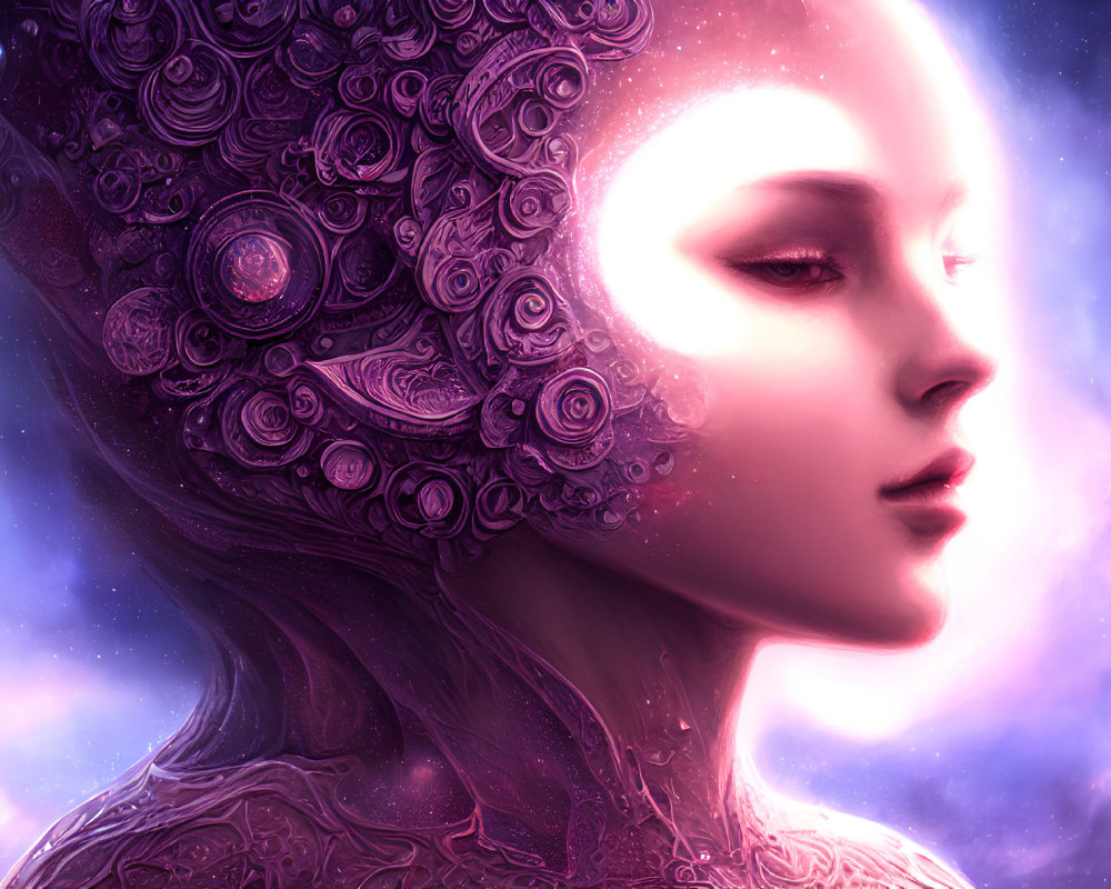 Surreal female figure with ornate spiral head on purple starry background