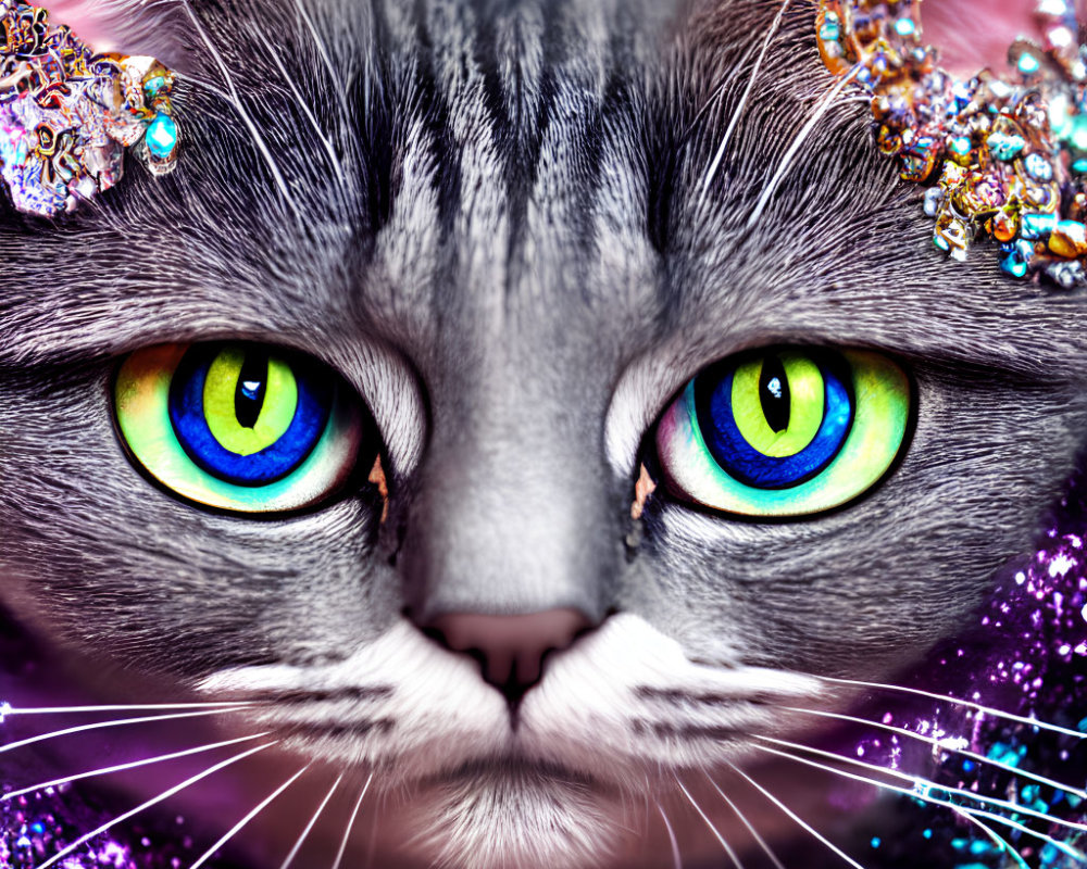 Striking cat with green and blue eyes and ornate headpiece