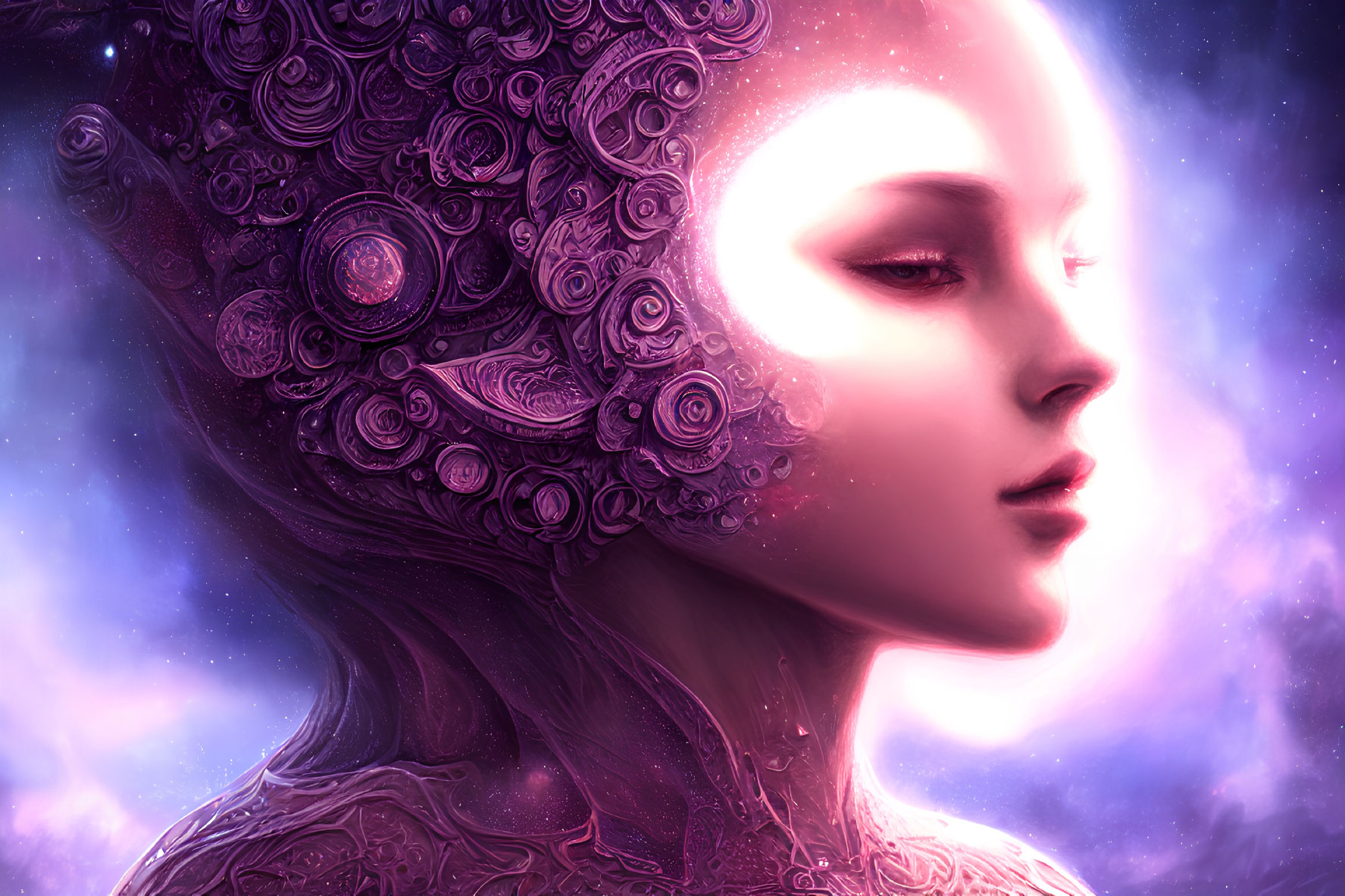 Surreal female figure with ornate spiral head on purple starry background