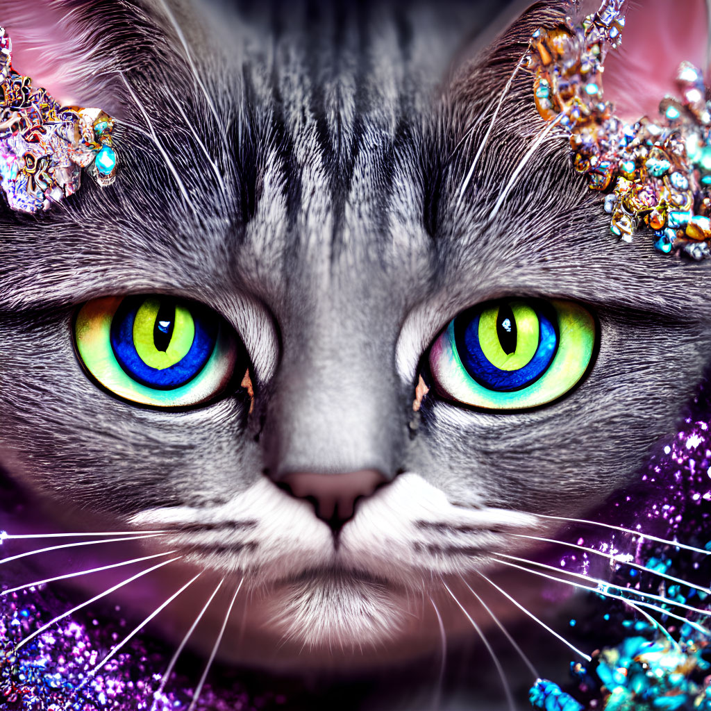 Striking cat with green and blue eyes and ornate headpiece