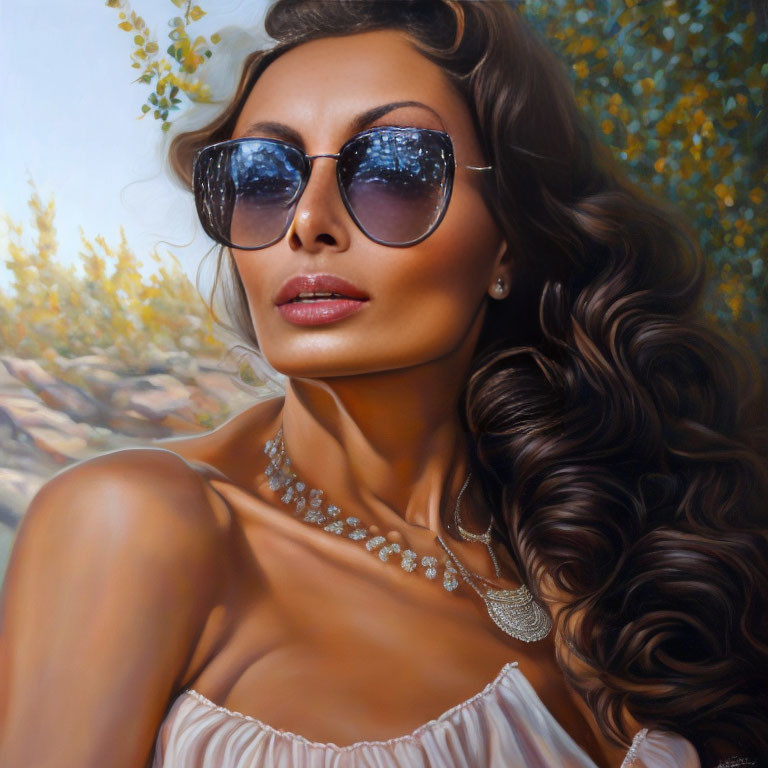 Stylized painting of woman with sunglasses and diamond necklace against nature backdrop