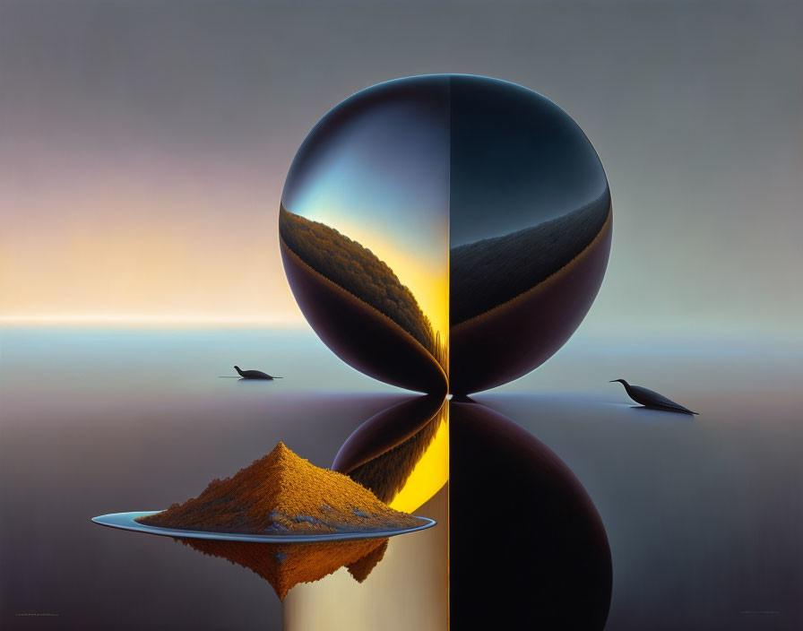 Reflective sphere split in halves on glossy surface with sand pile and bird silhouettes, contrasting landscapes