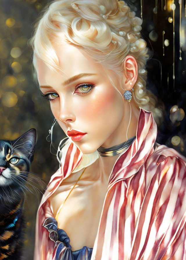 Blonde Woman Portrait with Striped Blouse and Cat