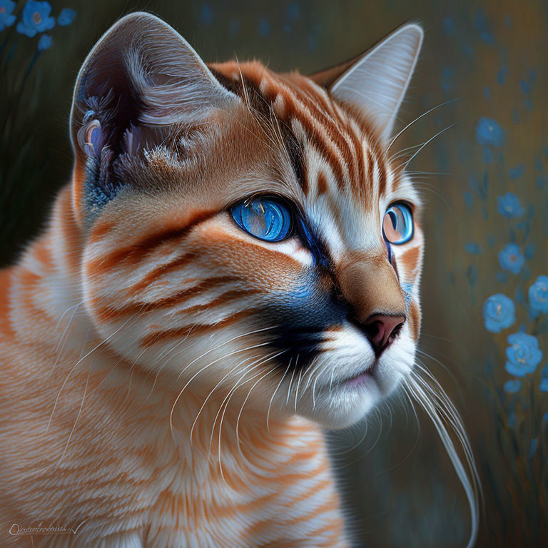 Orange Tabby Cat with Blue Eyes and Intricate Fur on Blue Floral Background