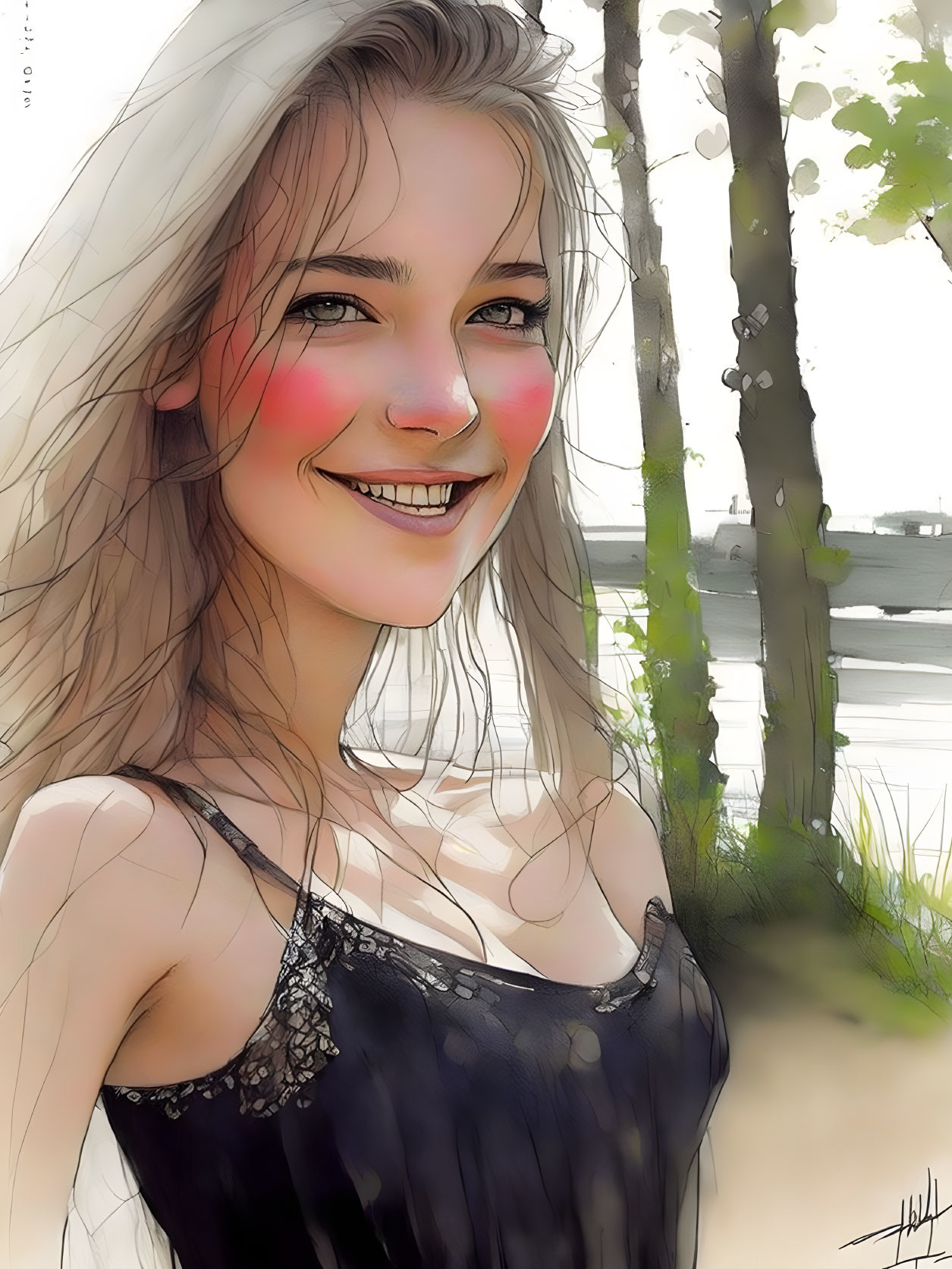 Smiling young woman digital portrait with long hair and rosy cheeks