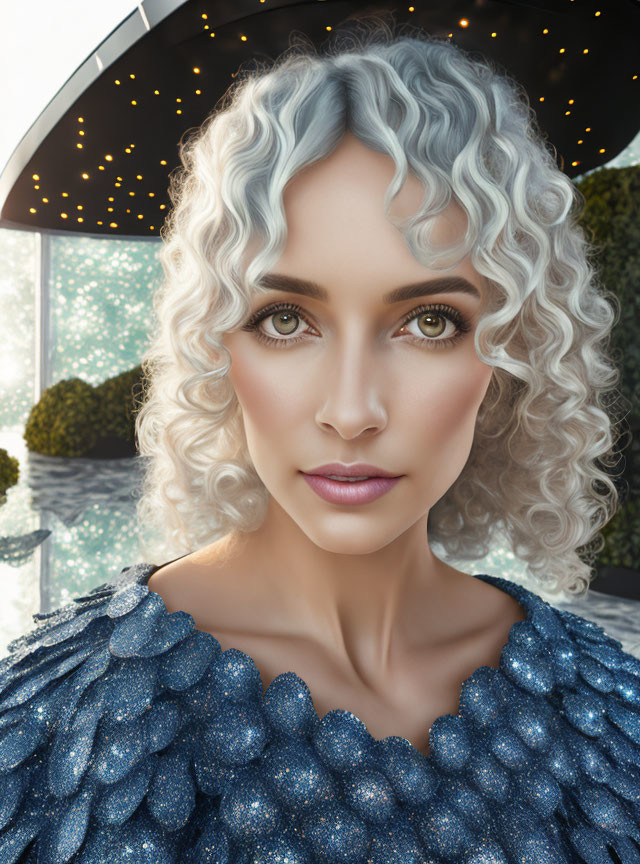 Curly silver-haired woman in blue dress in futuristic ethereal setting