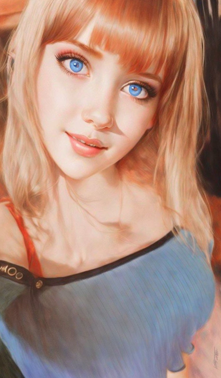 Blonde woman with blue eyes and smile in blue top