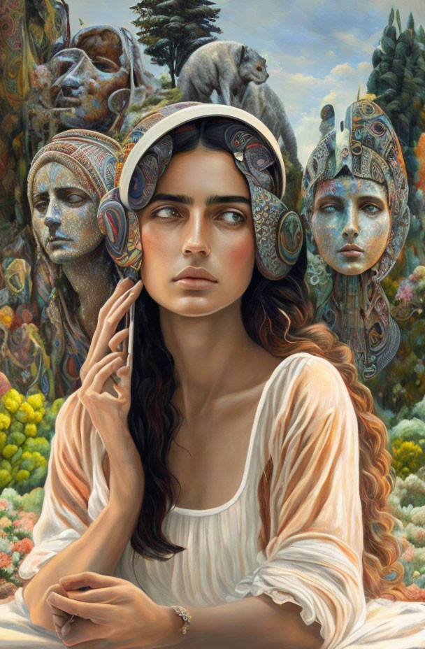 Surreal portrait of woman with headphones and statuesque figures in vibrant setting