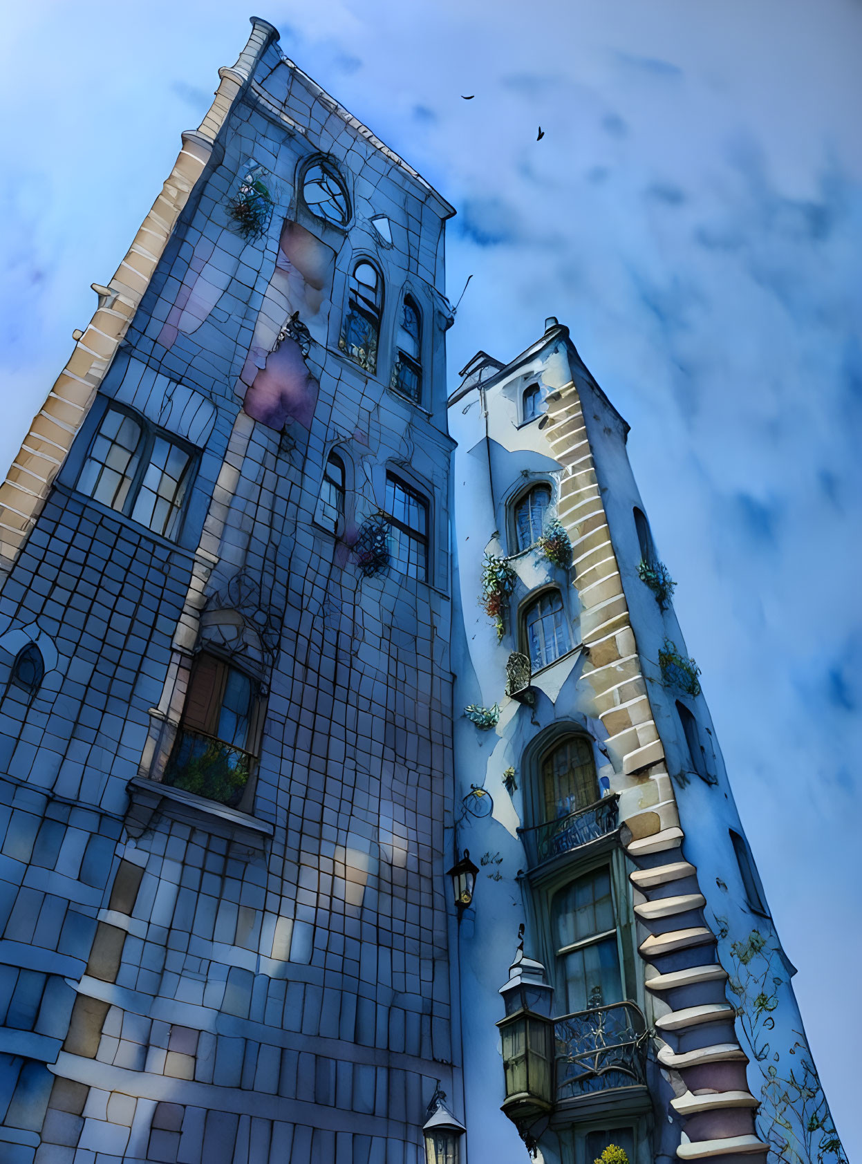 Colorful painting of distorted buildings under blue sky