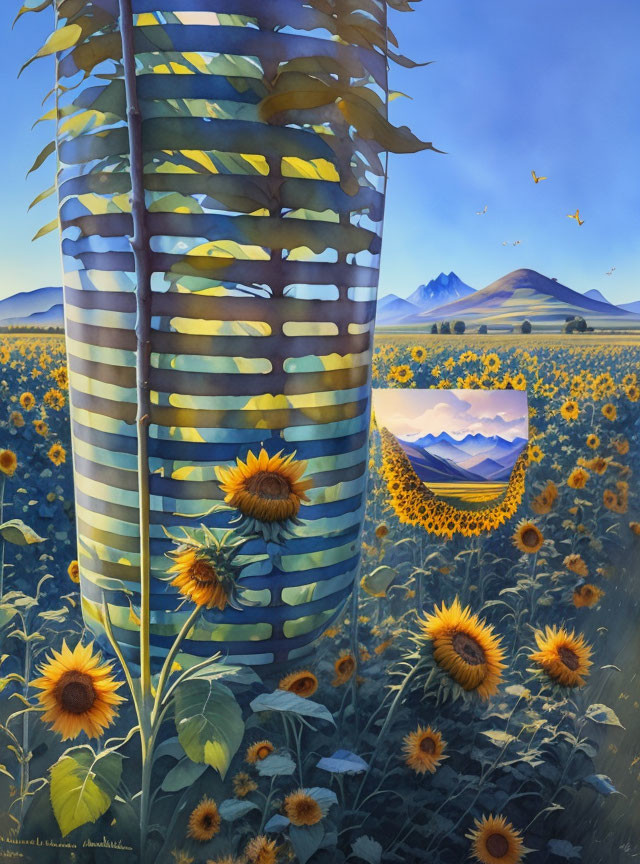 Surreal painting: peeled banana in sunflower field with mountain view