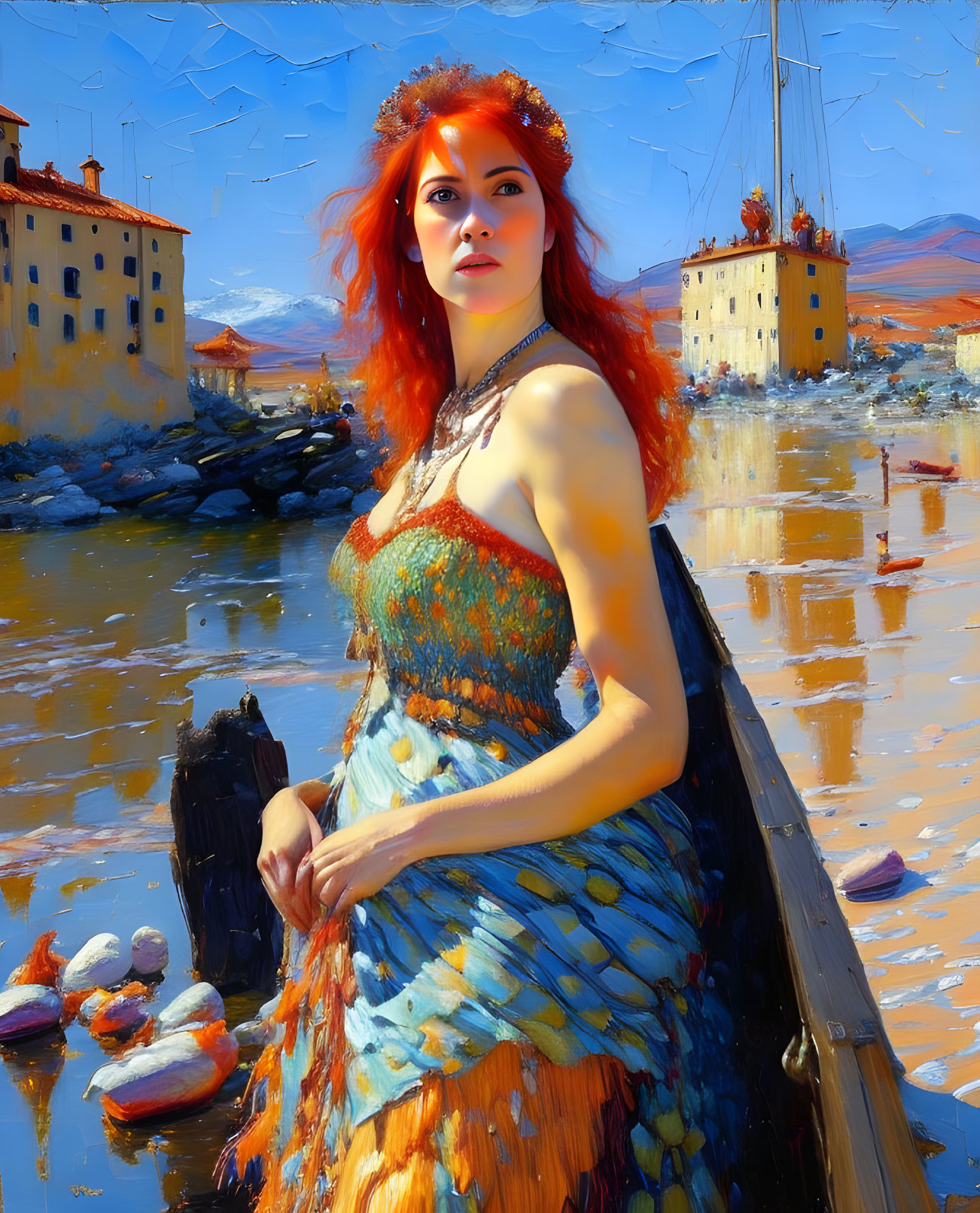 Colorful digital artwork of red-haired woman on dock with serene water landscape