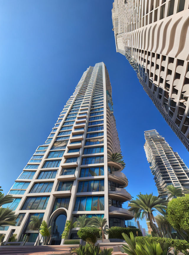 Modern skyscraper with curved blue-tinted windows in urban skyline.